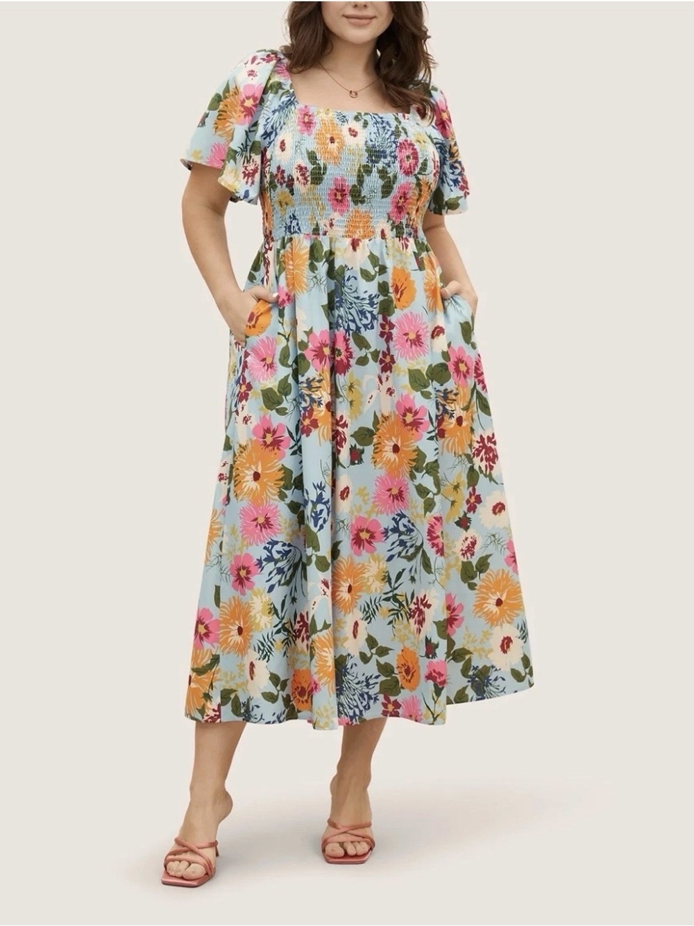 BloomChic 2X Floral Smocked Midi Dress Blue Boho Flutter Sleeve Pockets - Picture 4 of 6